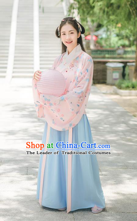 Asian China Ming Dynasty Princess Costume Printing Pink Blouse and Blue Skirt, Traditional Ancient Chinese Elegant Princess Hanfu Clothing for Women