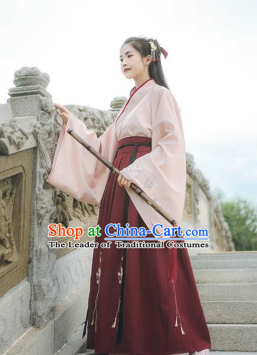 Asian China Ming Dynasty Princess Costume Embroidery Pink Blouse and Red Skirt, Traditional Ancient Chinese Princess Elegant Hanfu Clothing for Women