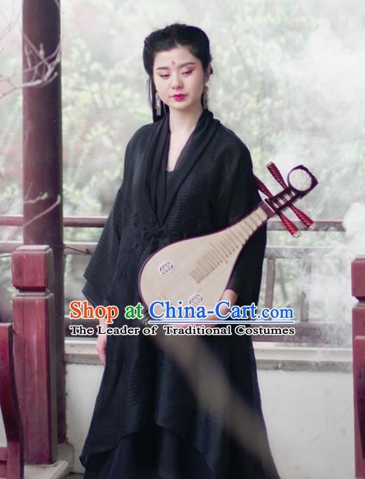 Asian China National Costume Black Silk Hanfu Robe, Traditional Chinese Tang Suit Cheongsam Dress Clothing for Women