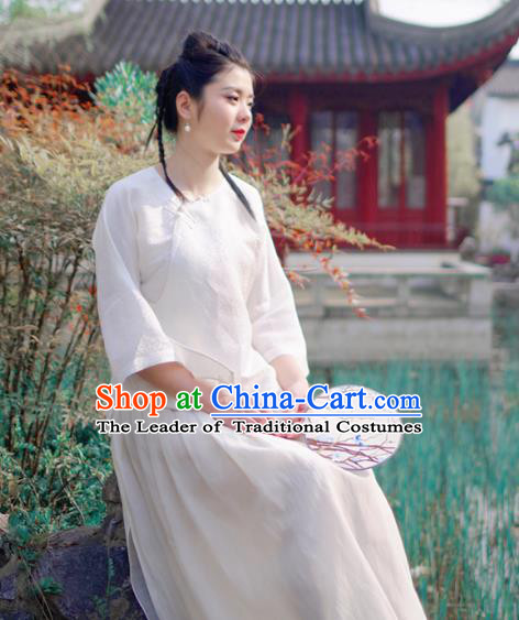 Asian China National Costume White Linen Hanfu Qipao Shirts Upper Outer Garment, Traditional Chinese Tang Suit Cheongsam Blouse for Women