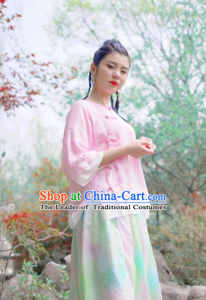 Asian China National Costume Pink Silk Hanfu Qipao Shirts Upper Outer Garment, Traditional Chinese Tang Suit Cheongsam Blouse for Women