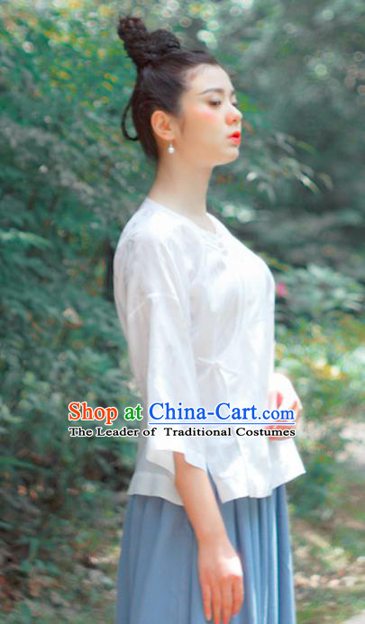 Asian China National Costume Hanfu Plated Buttons Qipao White Satin Shirts Upper Outer Garment, Traditional Chinese Tang Suit Cheongsam Blouse for Women