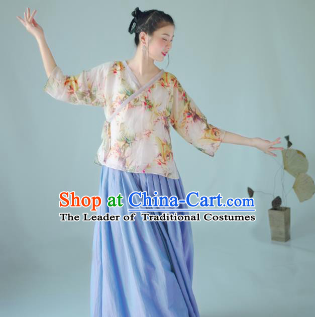 Asian China National Costume Hanfu Slant Opening Printing Flowers Silk Qipao Blouse, Traditional Chinese Tang Suit Cheongsam Shirts Clothing for Women