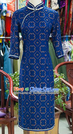 Traditional Ancient Chinese Republic of China Royalblue Cheongsam, Asian Chinese Chirpaur Embroidered Qipao Dress Clothing for Women