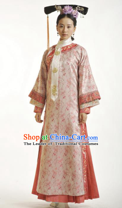 Traditional Ancient Chinese Imperial Princess Pink Costume, Chinese Qing Dynasty Manchu Palace Lady Embroidered Clothing for Women