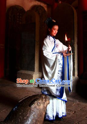 Traditional Chinese Ancient Palace Lady Costume Blue and White Porcelain Curve Bottom, Asian China Han Dynasty Imperial Concubine Hanfu Dress Clothing for Women