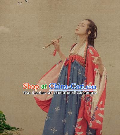 Traditional Chinese Ancient Costume Palace Lady Blue Slip Skirt, Asian China Tang Dynasty Imperial Princess Hanfu Dress Clothing for Women