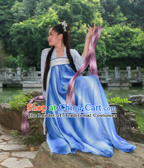 Traditional Ancient Chinese Princess Hanfu Costume, Asian China Tang Dynasty Palace Lady Blue Dress Clothing for Women