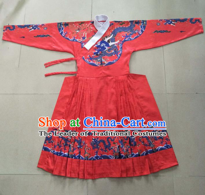 Traditional Ancient Chinese Swordsman Hanfu Costume Red Embroidered Robe, Asian China Ming Dynasty Emperor Clothing for Men