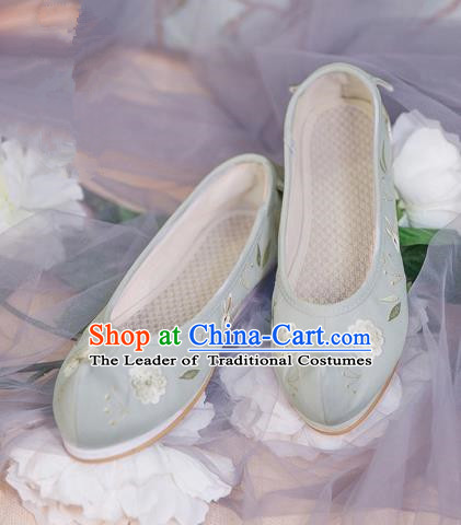 Traditional Ancient Chinese Palace Lady Hanfu Embroidered Green Shoes Bow Shoes, Asian China Princess Blood Stained Shoes for Women