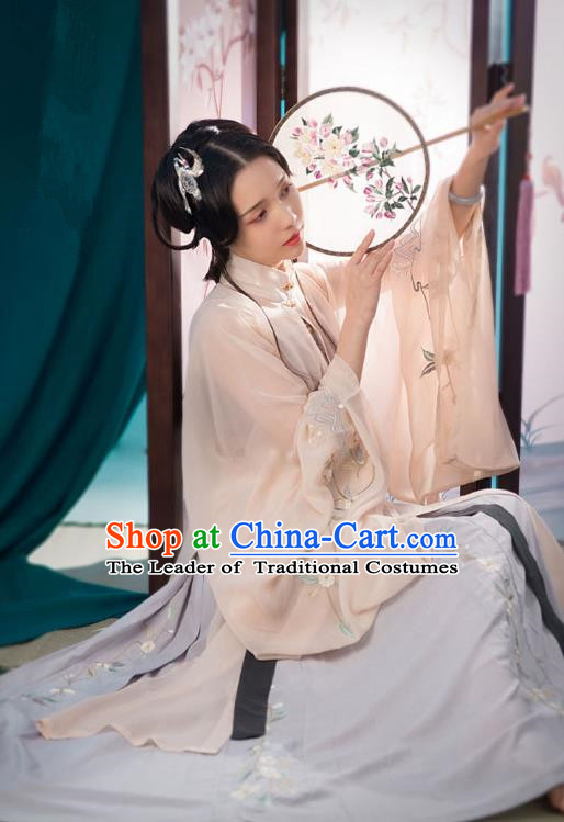 Traditional Ancient Chinese Princess Hanfu Costume Embroidered Pink Blouse and Skirt, Asian China Ming Dynasty Imperial Concubine Clothing for Women