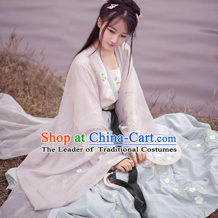 Traditional Ancient Chinese Palace Lady Hanfu Costume Embroidered Cardigan Blouse and Skirt, Asian China Tang Dynasty Imperial Princess Clothing for Women