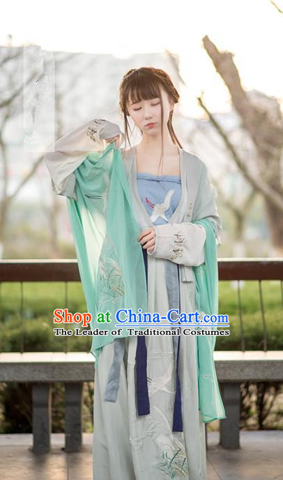 Traditional Ancient Chinese Young Lady Embroidered Green Costume Complete Set, Asian China Tang Dynasty Princess Hanfu Clothing for Women