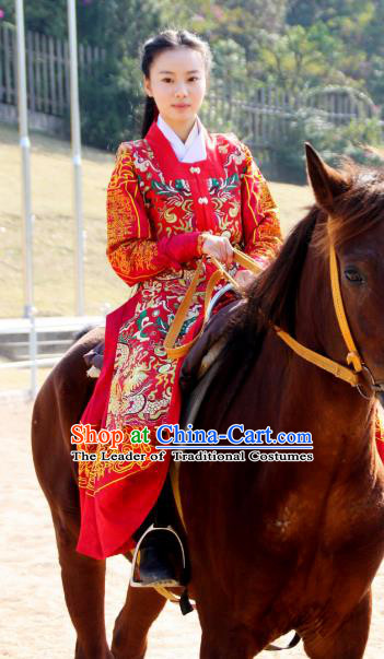 Traditional Ancient Chinese Swordsman Hanfu Costume Embroidered Red Robe, Asian China Ming Dynasty Imperial Guards Clothing for Women