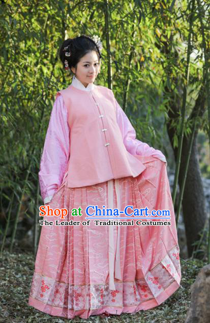 Traditional Chinese Ancient Costume Princess Embroidered Pink Vest and Blouse, Asian China Ming Dynasty Palace Lady Clothing for Women