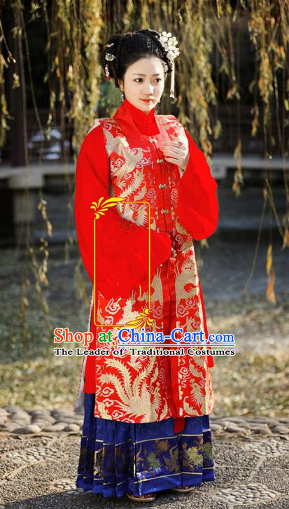 Traditional Chinese Ancient Costume Imperial Concubine Embroidered Red Vest Blouse and Skirt, Asian China Ming Dynasty Palace Lady Clothing for Women