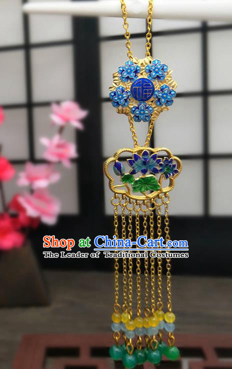 Traditional Handmade Chinese Ancient Classical Hanfu Accessories Blueing Lotus Tassel Breastpin Pendant Brooch for Women