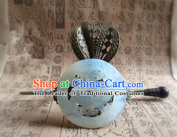 Traditional Handmade Chinese Ancient Classical Hair Accessories Han Dynasty Nobility Childe Bronze Tuinga Jade Hairdo Crown Hairpins for Men