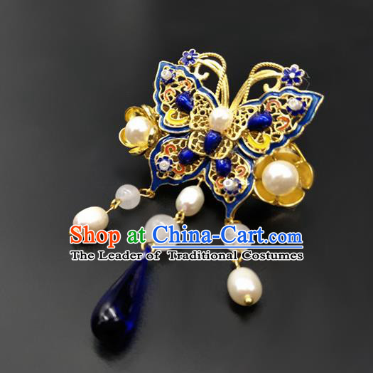 Traditional Handmade Chinese Ancient Classical Hanfu Blueing Butterfly Breastpin Brooch for Women