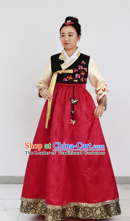 Traditional Korean Costumes Bride Formal Attire Ceremonial Red Dress, Korea Hanbok Court Embroidered Clothing for Women