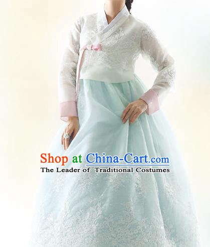 Traditional Korean Costumes Bride Formal Attire Ceremonial White Blouse and Blue Lace Dress, Korea Hanbok Court Embroidered Clothing for Women