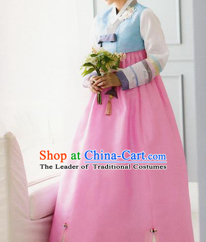 Traditional Korean Costumes Bride Formal Attire Ceremonial Blue Blouse and Pink Dress, Korea Hanbok Court Embroidered Clothing for Women