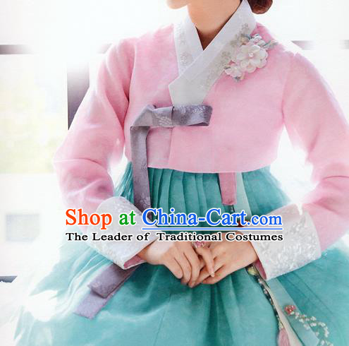 Traditional Korean Costumes Bride Wedding Pink Blouse and Green Dress, Korea Hanbok Court Embroidered Clothing for Women