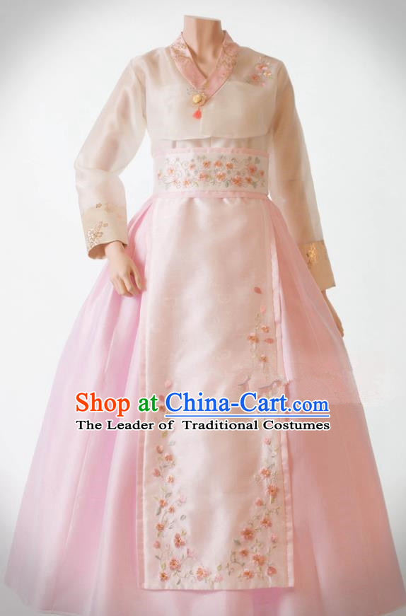 Traditional Korean Costumes Bride Wedding Pink Dress, Korea Hanbok Queen Court Embroidered Clothing for Women