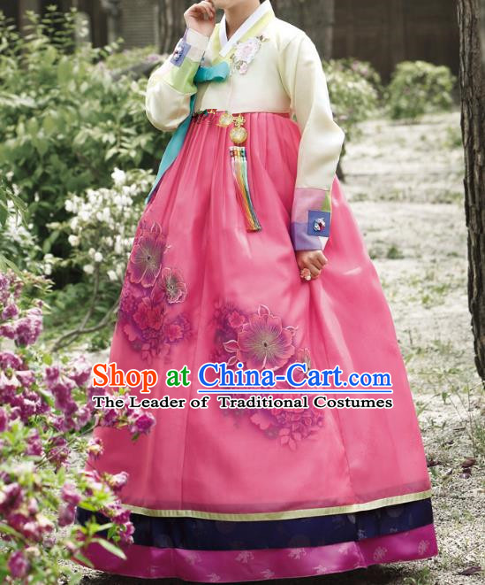 Traditional Korean Costumes Bride Wedding Rosy Dress, Korea Hanbok Queen Court Embroidered Clothing for Women