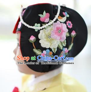 Traditional Korean Hair Accessories Bride Black Embroidered Hats, Asian Korean Fashion Girls Wedding Headwear for Kids