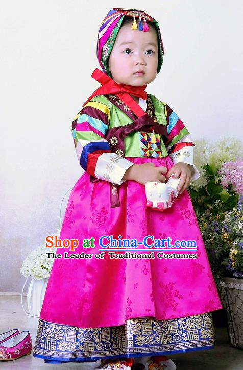 Traditional Korean Handmade Formal Occasions Embroidered Baby Princess Hanbok Rosy Dress Clothing for Girls