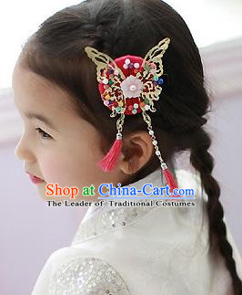 Traditional Korean Hair Accessories Red Butterfly Tassel Hair Clasp, Asian Korean Fashion Headwear Headband for Kids