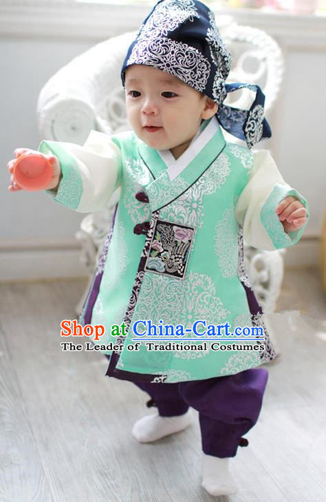 Traditional Korean Handmade Formal Occasions Costume Embroidered Baby Brithday Hanbok Green Clothing for Boys