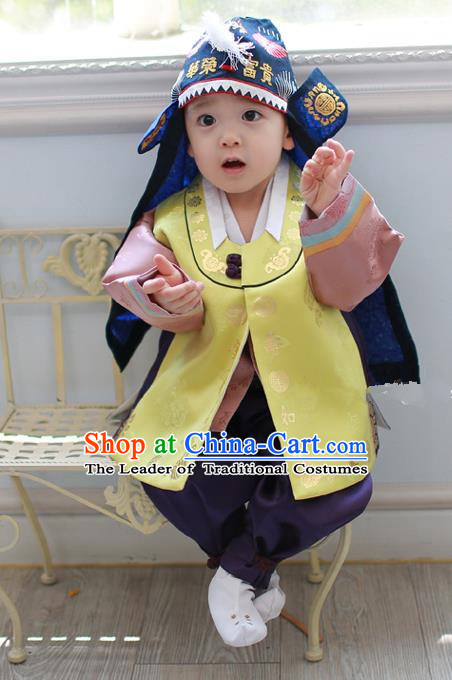 Asian Korean National Traditional Handmade Formal Occasions Costume, Palace Boys Brithday Embroidered Yellow Hanbok Clothing for Kids