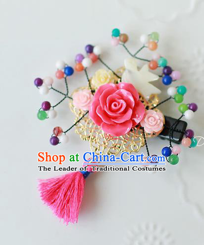 Traditional Korean Hair Accessories Pink Flowers Hair Stick, Asian Korean Fashion Headwear Wedding Tassel Hair Claw for Kids