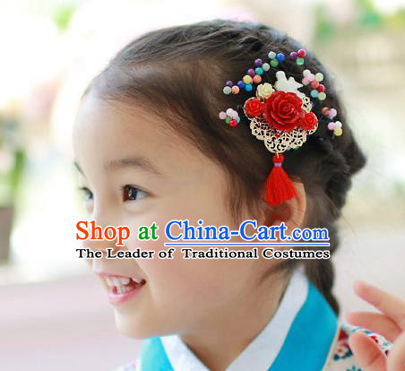 Traditional Korean Hair Accessories Red Flowers Hair Stick, Asian Korean Hanbok Fashion Headwear Wedding Tassel Hair Claw for Kids