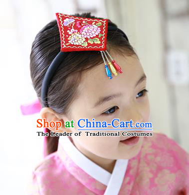 Traditional Korean Hair Accessories Embroidered Red Hair Clasp, Asian Korean Hanbok Fashion Headwear Headband for Kids