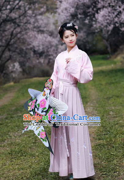 Asian China Ming Dynasty Young Lady Costume Complete Set, Chinese Ancient Nobility Embroidered Clothing for Women