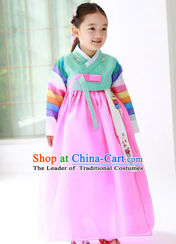 Traditional Korean Handmade Formal Occasions Costume Princess Green Embroidered Blouse and Pink Dress Hanbok Clothing for Girls