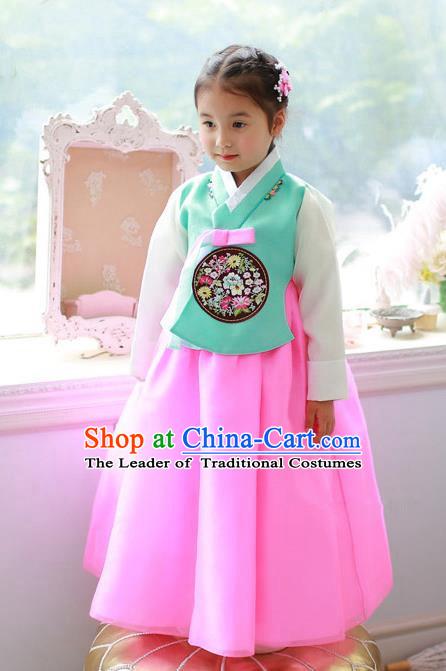 Asian Korean Traditional Handmade Formal Occasions Costume Princess Green Embroidered Blouse and Pink Dress Hanbok Clothing for Girls