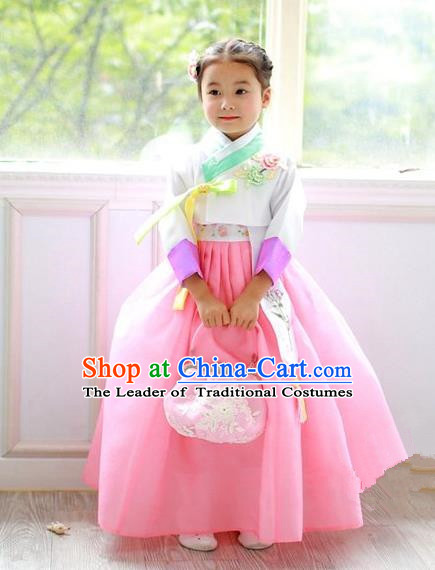 Asian Korean Traditional Handmade Formal Occasions Costume Princess Embroidered White Blouse and Pink Dress Hanbok Clothing for Girls