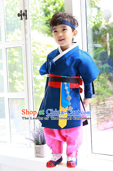 Asian Korean Traditional Handmade Formal Occasions Costume Palace Prince Embroidered Blue Hanbok Clothing for Boys