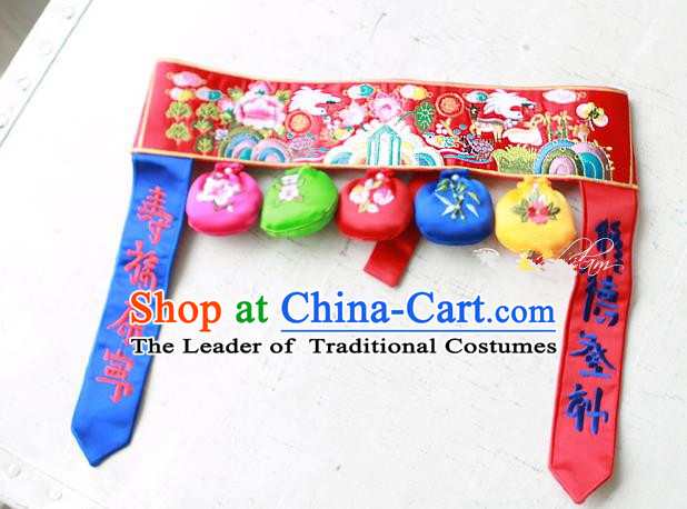 Traditional Korean National Accessories Embroidered Red Waist Belts, Asian Korean Fashion Waistband Decorations for Kids