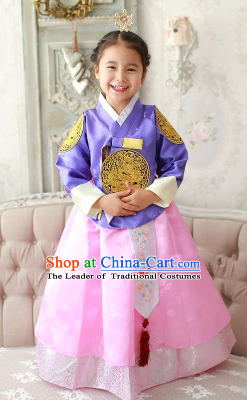 Asian Korean Traditional Handmade Formal Occasions Costume Palace Princess Embroidered Purple Blouse and Pink Dress Hanbok Clothing for Girls