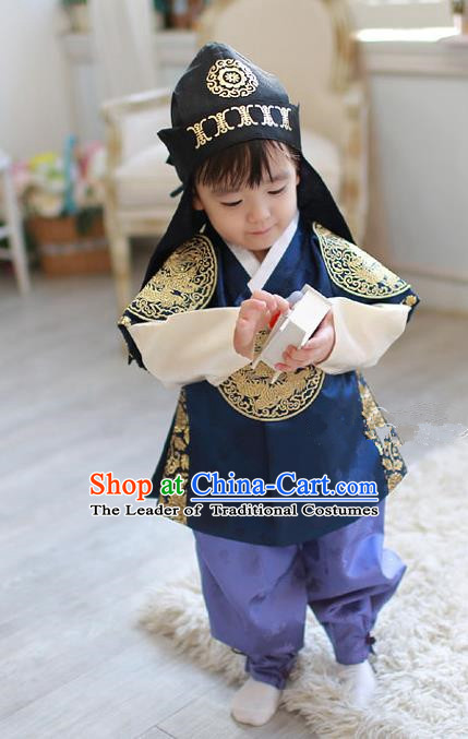 Asian Korean Traditional Handmade Formal Occasions Boys Navy Embroidered Costume Hanbok Clothing for Boys