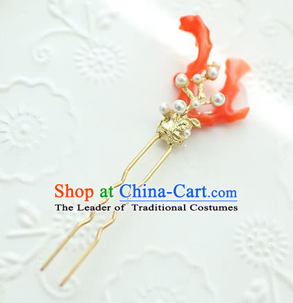 Traditional Korean National Hair Accessories Coral Hairpins, Asian Korean Fashion Wedding Hanbok Hair Decorations Headwear for Women