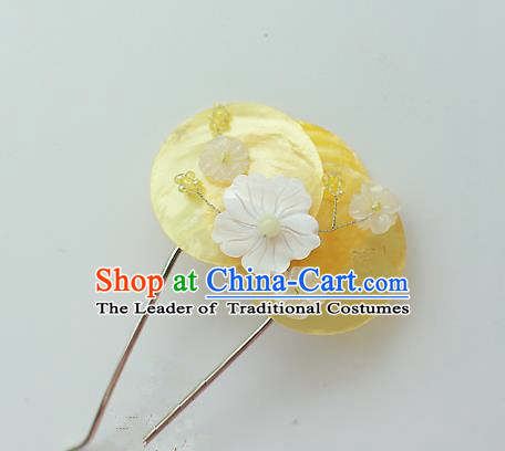 Traditional Korean National Hair Accessories Yellow Shell Flower Hairpins, Asian Korean Fashion Wedding Hanbok Hair Decorations Headwear for Women