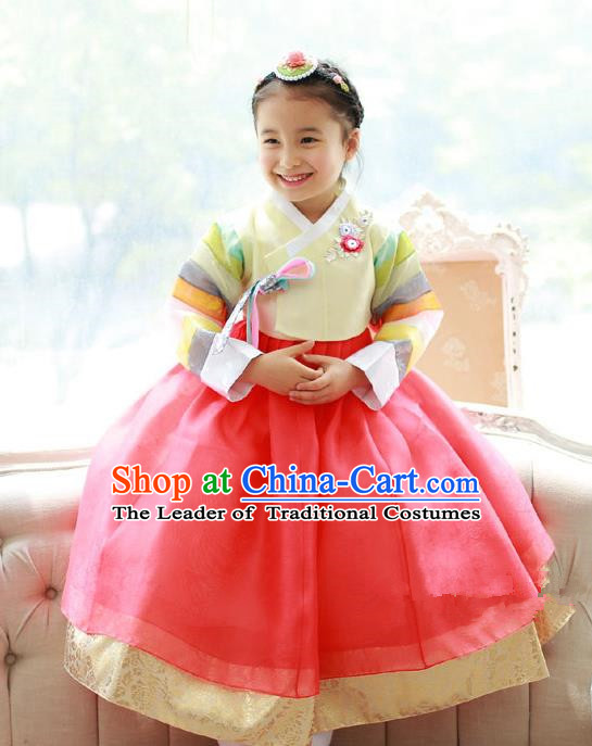 Asian Korean National Traditional Handmade Formal Occasions Girls Embroidered Yellow Blouse and Orange Dress Costume Hanbok Clothing for Kids