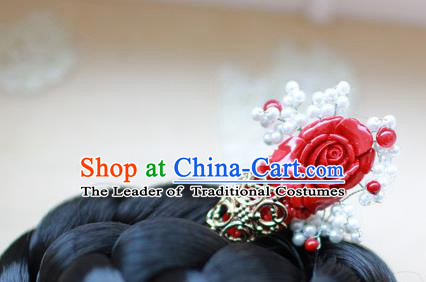 Traditional Korean National Hair Accessories Wedding Princess Red Rose Hairpins, Asian Korean Fashion Hanbok Hair Stick Headwear for Girls