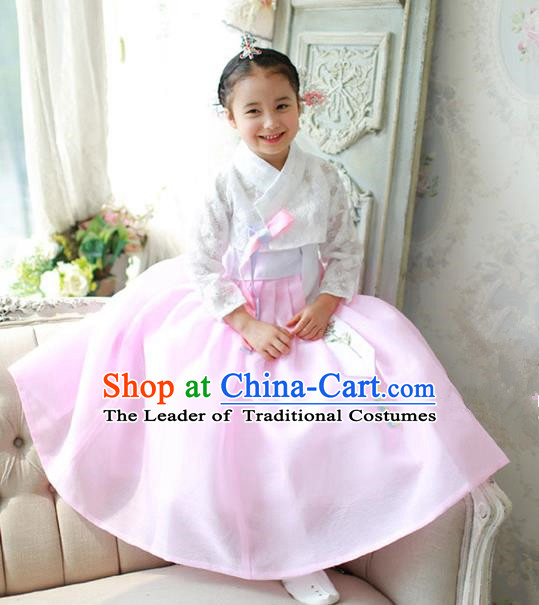 Asian Korean National Traditional Handmade Formal Occasions Girls Embroidered White Lace Blouse and Pink Dress Costume Hanbok Clothing for Kids